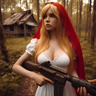 Mujer rubia con vestido rojo sosteniendo un arma.