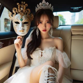 in a wedding dress sitting in a car