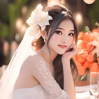 bride in a white dress sitting at a table