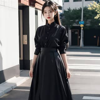 in black dress and heels standing on the street