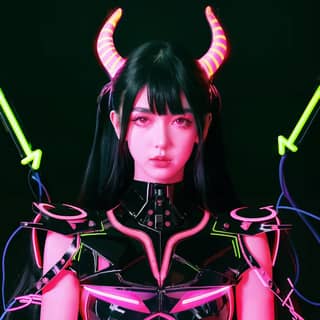 in a black and pink outfit with horns