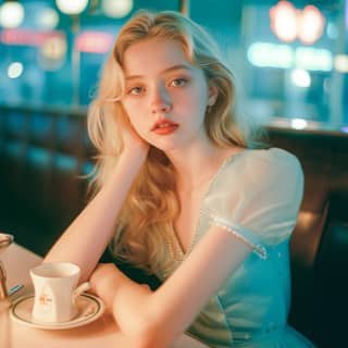 blonde woman sitting at a table with a cup of coffee