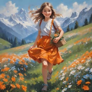 a girl running through a field of flowers