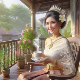 Thailändische Frau in traditioneller Kleidung hält eine Tasse Tee.