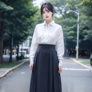 in a white shirt and black skirt