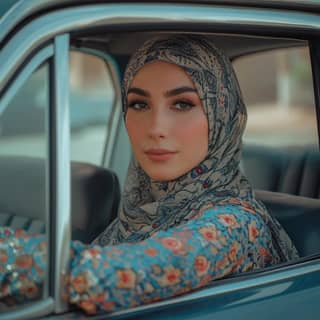 beautiful muslim woman in a car