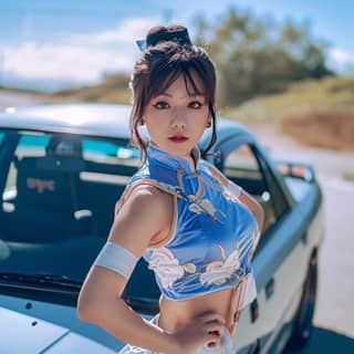in a blue dress posing by a car