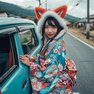 in a fox costume leaning against a car