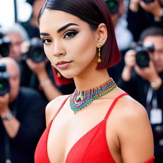 in a red dress and necklace