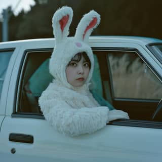 wearing bunny ears and a bunny suit driving a car