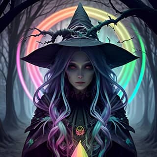 a witch holding a rainbow colored crystal in the woods