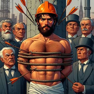with a beard and a hard hat tied to a pole