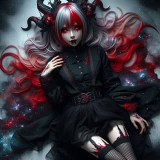 a girl with red hair and horns laying on the ground