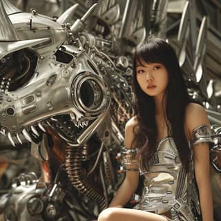a girl in a silver dress sitting on a metal robot
