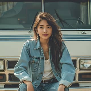 in jeans and a white shirt sitting on a rv