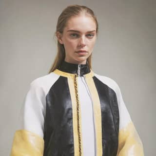 a model wears a yellow and black jacket