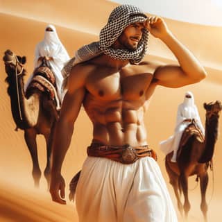 muslim man in desert with camels