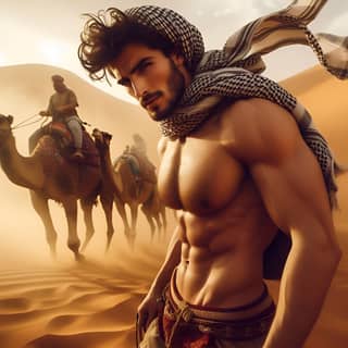 a shirtless man in the desert with camels