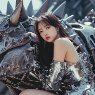 in a silver outfit posing with a dragon