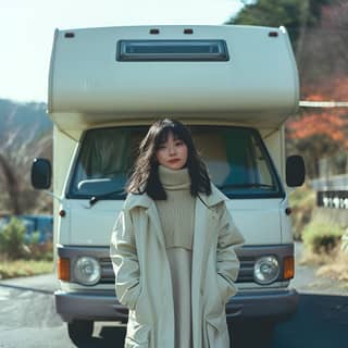 in a white coat standing in front of a camper van