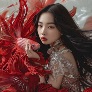 woman with long hair and red fish