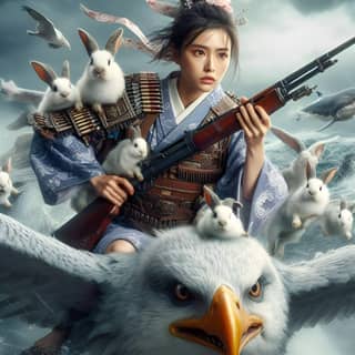 in a kimono holding a rifle and a rabbit