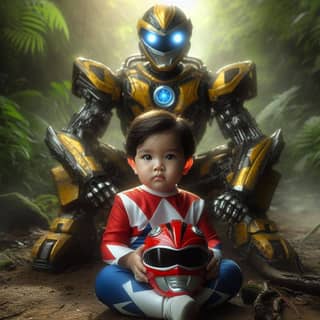 a baby in a power ranger costume sits next to a robot