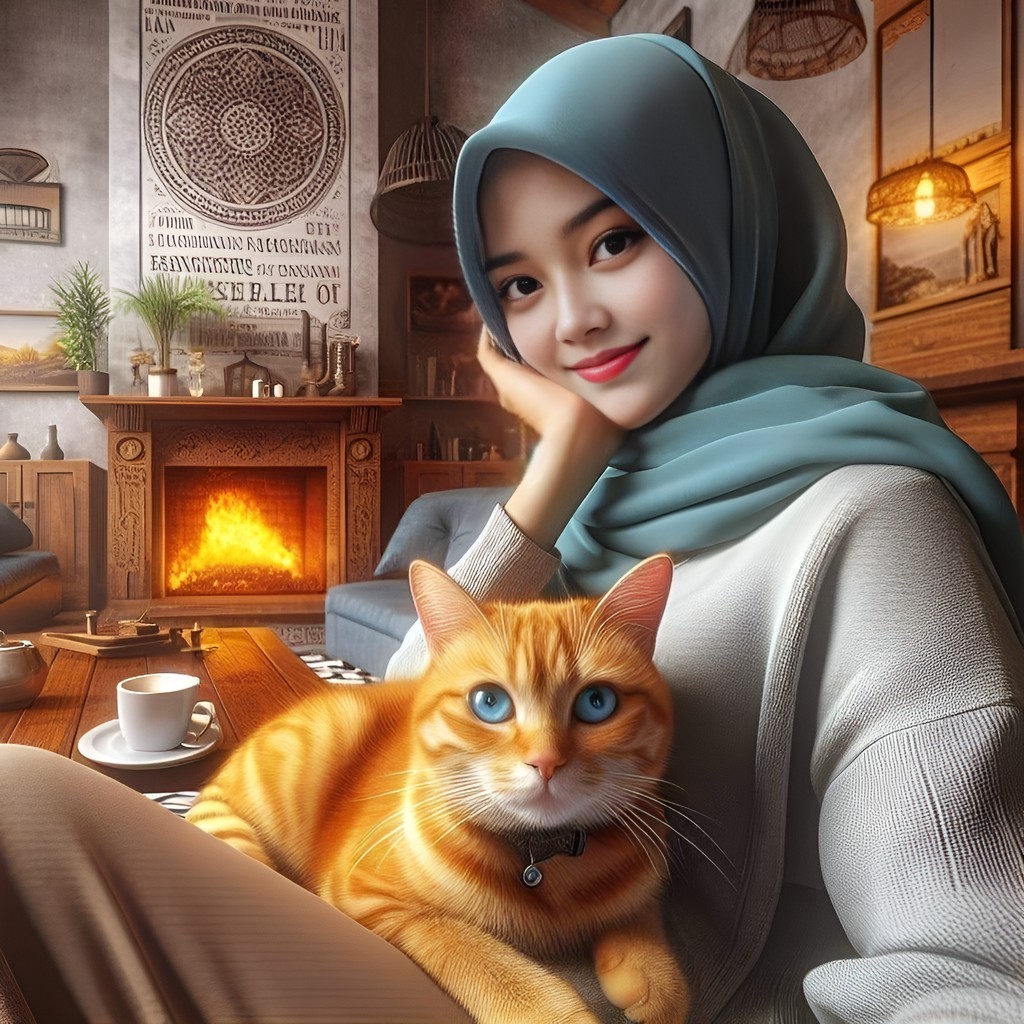 in hijab sitting next to a cat