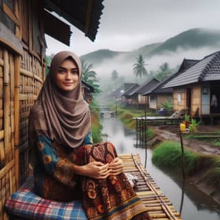 in a hijab sitting on a bamboo raft