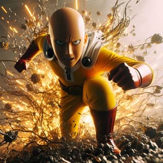 One Punch Man berlari melalui tumpukan puing.