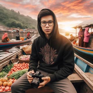 Memakai hoodie dan kacamata sambil memegang kamera.