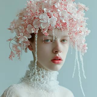 wearing a pink flower headpiece