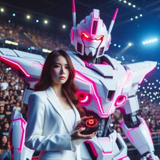 in a white suit holding a robot