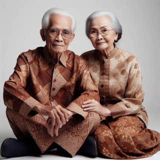 an elderly couple in traditional clothing sitting on the floor
