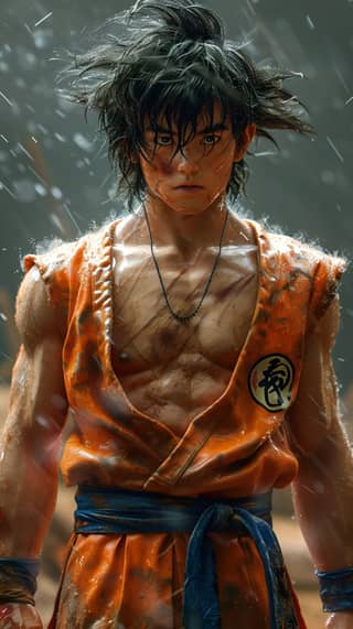 in an orange outfit standing in the rain