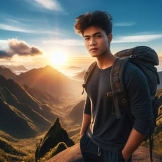 De pie con una mochila en la cima de una montaña al atardecer.