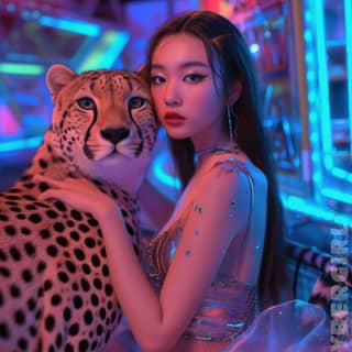 a girl with a leopard in a neon lighted room