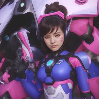 in pink and blue armor holding a gun