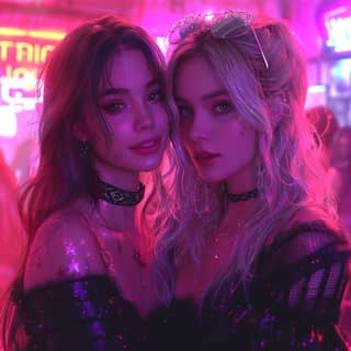 two young women in neon lights pose for a photo