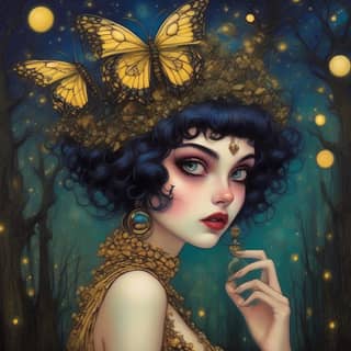 with butterflies on her head