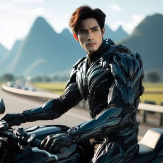 in a futuristic suit riding a motorcycle