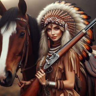 woman in native american costume with a rifle