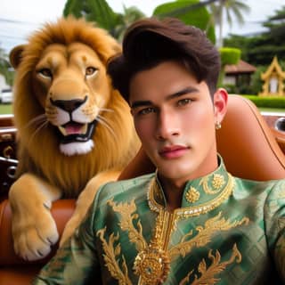 in an ornate suit posing with a lion
