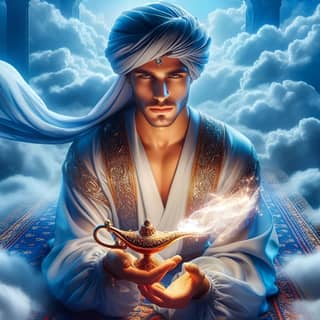 Eine Illustration einer Person mit Turban, die eine Lampe hält.