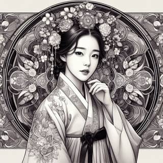 a black and white drawing of in traditional clothing