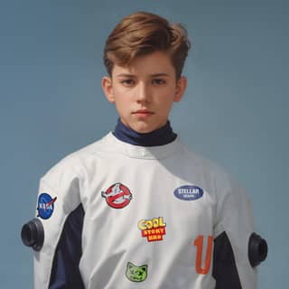 a boy in a space suit with stickers on his chest