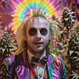 in a colorful suit standing in front of marijuana plants