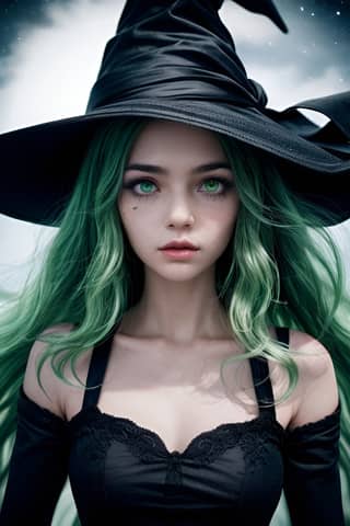 with green hair and a witch hat