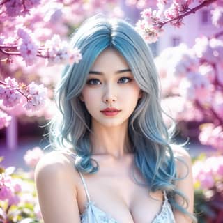 woman with blue hair and a dress in front of a cherry blossom tree