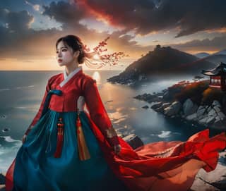 woman in traditional korean clothing standing on a cliff overlooking the ocean